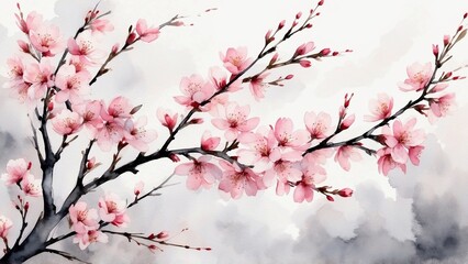 Watercolor cherry blossom branch in soft pink and gray tones.