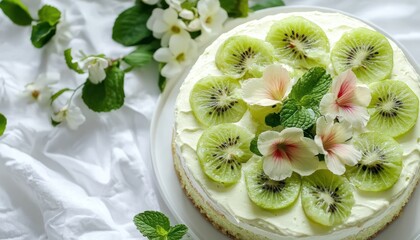 Kiwi lime cake on a white table with tropical flowers and sprigs mint