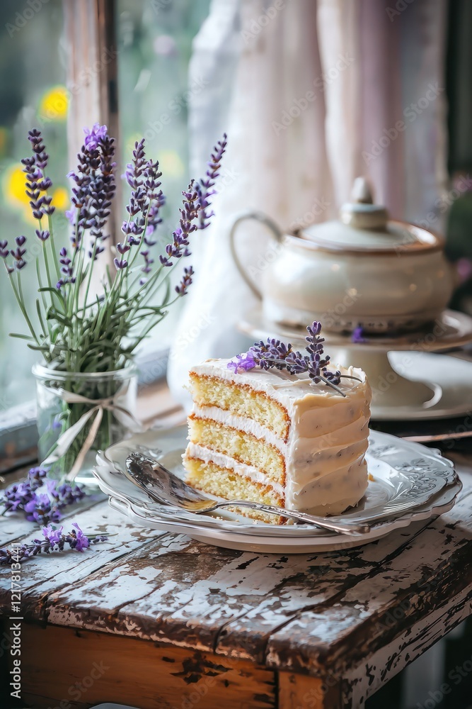 Canvas Prints Lemon drizzle cake on a vintage table with lavender flowers and decorative ribbon accents