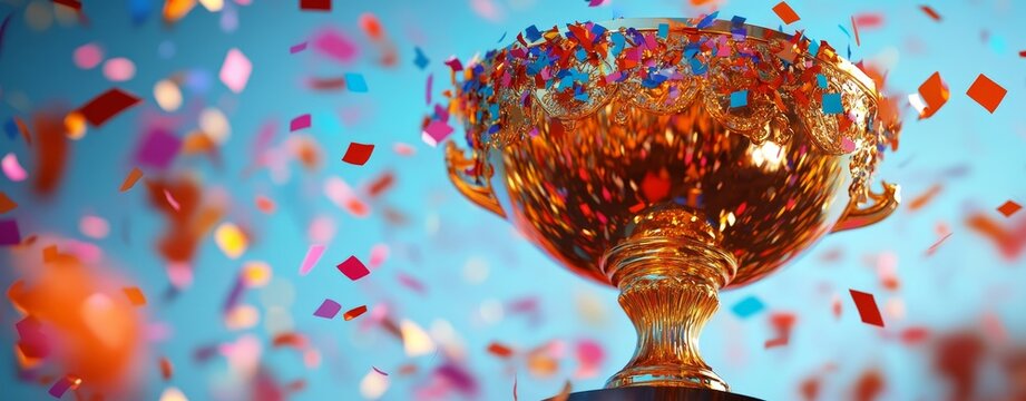 A Golden Trophy in the Background, Confetti Drifting Down from the Sky, Celebration and Festive Banner, it's Time to Celebrate Sport