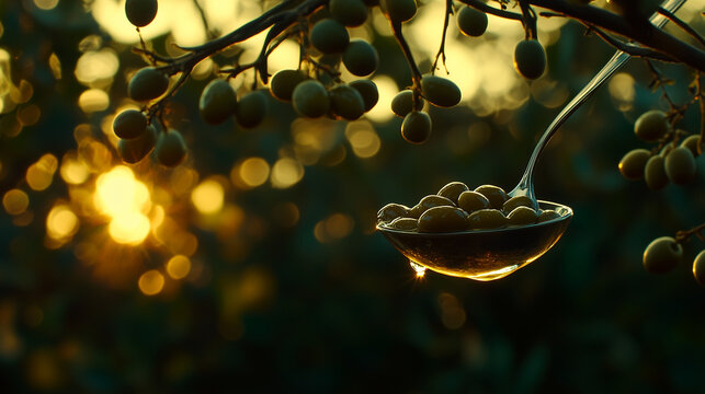 Olives on a Branch with a Spoonful of Olives and Dripping Oil at Sunset

