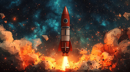 Fototapeta premium Retro rocket launching through a vibrant, polygonal explosion against a starry nebula backdrop. Ideal for illustrating concepts of innovation, breakthrough, startup success, and space exploration.