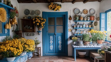 The cozy interior of a traditional Moldovan house, decorated with pottery, flowers, and cultural elements, showcasing rural charm and heritage