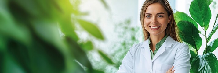 Health professional promoting wellness in green environment with bright natural light