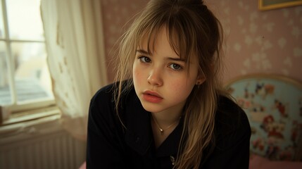 Pensive teen girl portrait in vintage room.