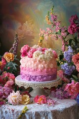 Pink ombre cake on a round table surrounded by colorful flowers and lace tablecloth