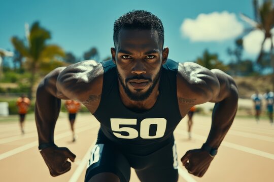 A young African American man dashes ahead of the group, fully committed to winning the contest