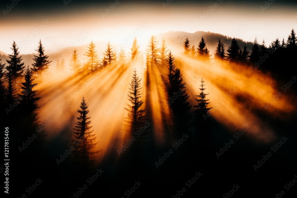 Poster a dark, misty forest with rays of soft moonlight breaking through the trees, creating a calm yet eer