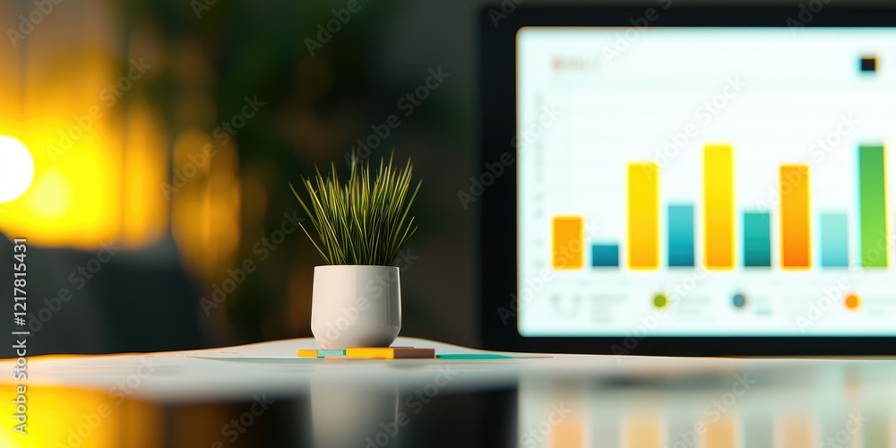 Aufkleber a plant in a pot with a colorful bar chart displayed on a screen in a warm, illuminated setting.