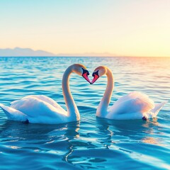 Fototapeta premium Two swans form a heart shape with their necks in tranquil waters at sunset.