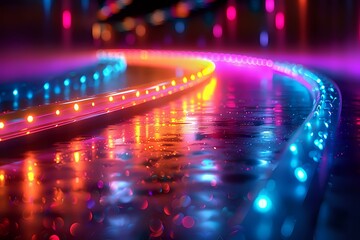 Vibrant neon lights reflecting on wet asphalt create magical urban nightscape with blue, pink and orange glowing curves perfect for modern city lifestyle and entertainment backgrounds.