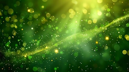 Magical green bokeh background with glowing golden particles and light streaks, perfect for fantasy designs, nature themes, and festive celebrations.