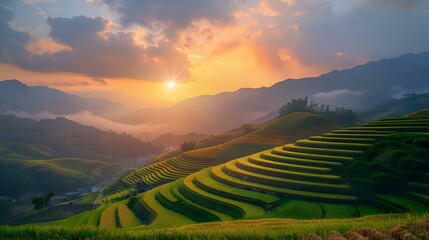 Obraz premium Stunning terraced rice fields at sunset with dramatic sky and sun rays breaking through clouds, perfect for travel destinations and agricultural landscape backgrounds.