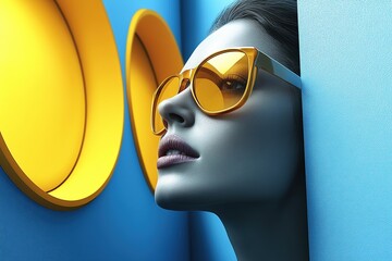 Promotional flyer design featuring stylish model with yellow sunglasses against blue backdrop