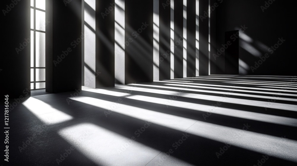 Poster sunlight is illuminating empty modern concrete room with columns and shadows