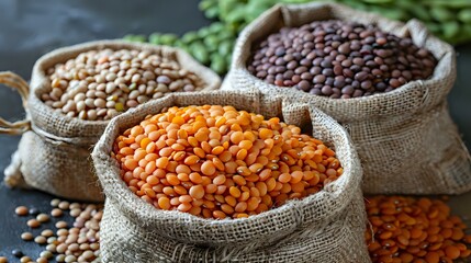 Fototapeta premium Raw organic legumes in burlap sacks featuring red lentils, chickpeas and black lentils, perfect for healthy cooking, vegetarian protein source and food photography.