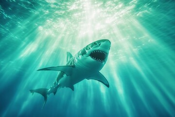 Fototapeta premium A shark is swimming in the ocean with its mouth open. The sunlight is shining on the water, creating a beautiful and serene atmosphere