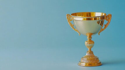 3D abstract trophy cup set against a blue backdrop. Symbolizes a champion's award, sports triumph, and winner's prize. Marks competition success, first place, and best victory, highlighting the