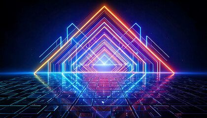 Obraz premium Vibrant neon lines form a futuristic, symmetrical gateway leading to a reflective, gridded floor. Perfect for backgrounds, music visuals, technology concepts, and cyberpunk designs.