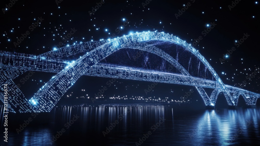 Poster a holographic bridge made of binary code connecting fragmented enterprise ideas to form a cohesive b