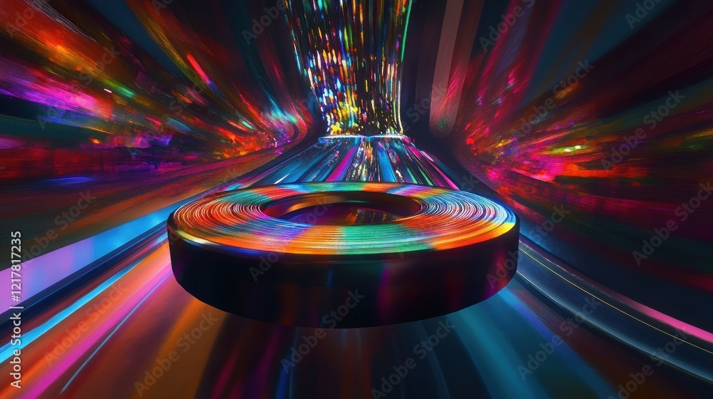 Poster abstract vibrant colorful tunnel with central glowing object moving in fast motion