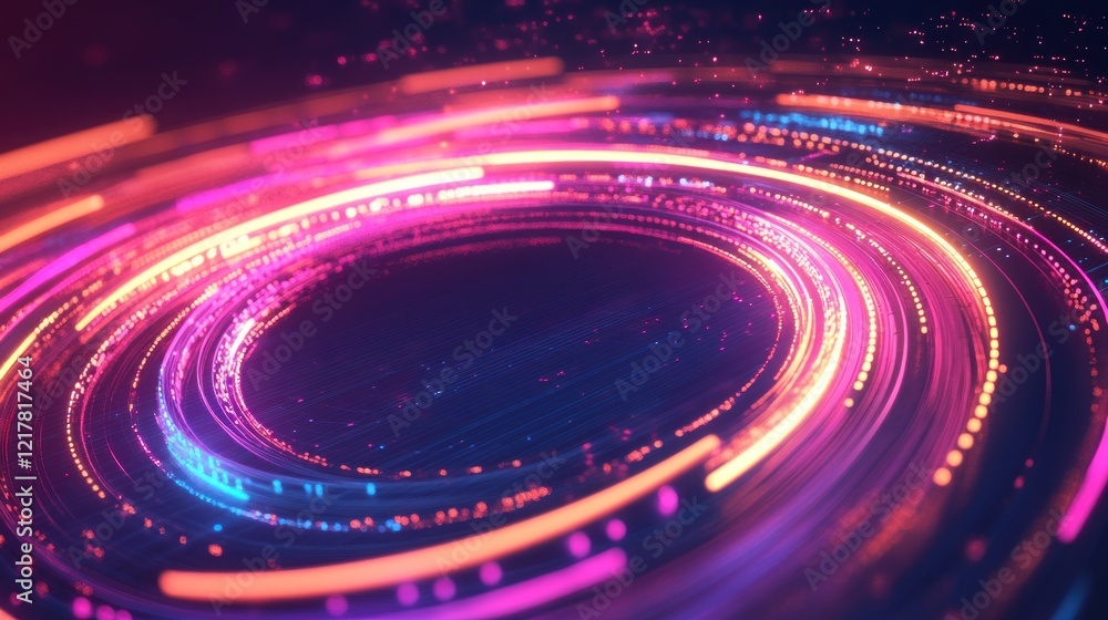 Poster abstract circular glowing lines with neon colors on dark background forming a swirl