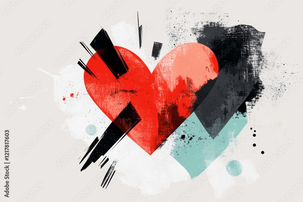 Poster A flat design of a broken heart with sharp, angular cracks and bold red and black tones against a neutral background