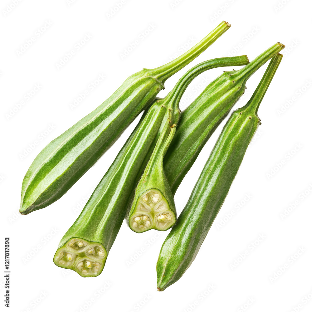 Poster fresh okra pods displayed individually on a clean transparent background, highlighting their unique 
