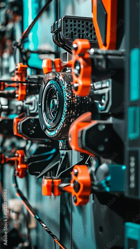Poster high-tech equipment with vibrant orange and black components displayed in a modern lab setting