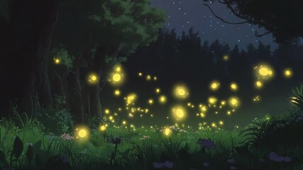Beautiful Fireflies Floating under a Starlit Sky in a Magic Glade. Anime Style Cartoon Looping. Animated Background / Wallpaper. VJ / Vtuber / Streamer Backdrop. Seamless Loop.