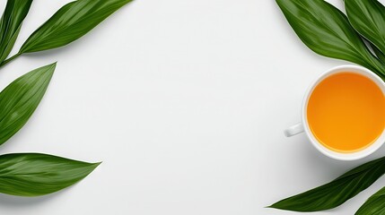  A white backdrop with a cup of tea and green foliage surrounding it, providing ample space for text insertion