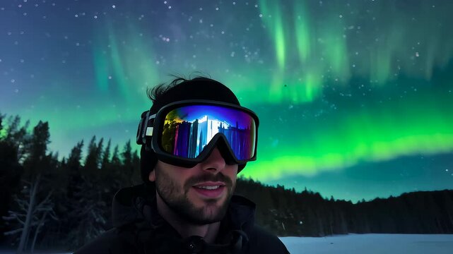 Snow falling gently as a skier wearing goggles admires the vibrant colors of the aurora borealis illuminating the night sky above a snowy forest