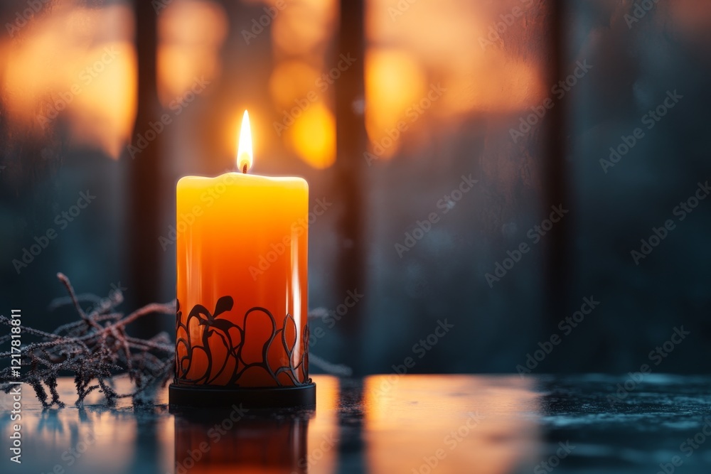 Poster a gothic depiction of a single lit candle in a dark cathedral, its light illuminating the intricate 