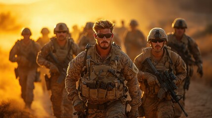 Fototapeta premium Soldiers Advance Through Desert at Sunset