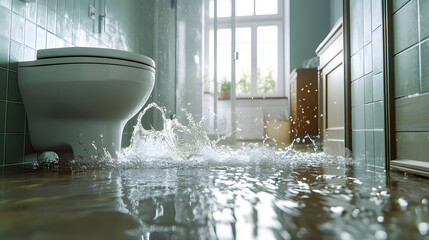 Flooded bathroom with water splashing from an overflowing toilet, spreading across the floor, capturing the urgency of a home insurance need