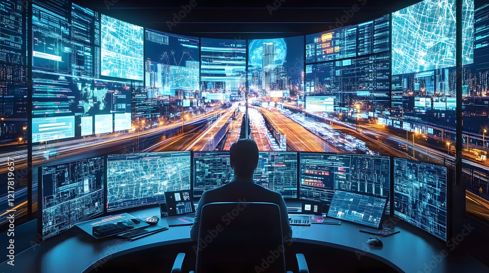 Poster interactive urban traffic control room with live mapping and traffic flow optimization on big digita