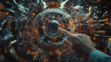 A laborers fingers deftly align parts of an engine for assembly the backdrop ablaze with industrial tools and machinery showcasing the technical expertise involved in engine building.
