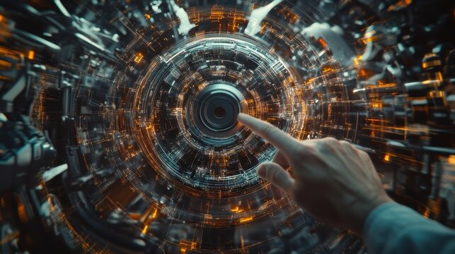 A laborers fingers deftly align parts of an engine for assembly the backdrop ablaze with industrial tools and machinery showcasing the technical expertise involved in engine building.