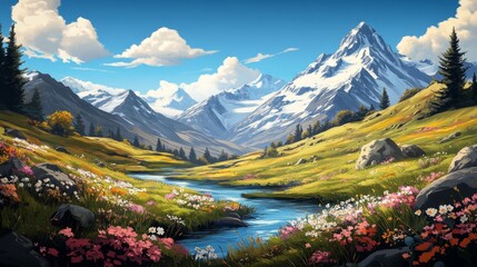 Fototapeta premium Idyllic mountain landscape with snow-capped peaks, a meandering stream, and vibrant wildflowers under a clear blue sky, embodying serene natural beauty.