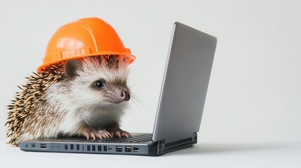 A cute hedgehog wearing an orange hard hat sits in front of a laptop, blending the worlds of construction and technology in a humorous way.