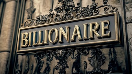Obraz premium A luxurious wrought iron gate with the word 'Billionaire' elegantly embossed, representing affluence, exclusivity, and the opulent grandeur of elite lifestyles.