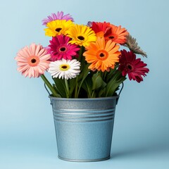 Colorful gerbera daisies in a metal bucket on a blue background. Spring and summer concept in vibrant colors.