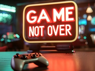 Bright neon sign reading 'GAME NOT OVER' with a game controller in the foreground, capturing the essence of gaming culture.