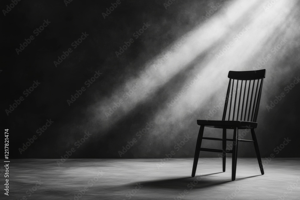 Poster A minimalist depiction of a single chair in the middle of an empty room, drawn with clean lines and muted gray tones to evoke solitude