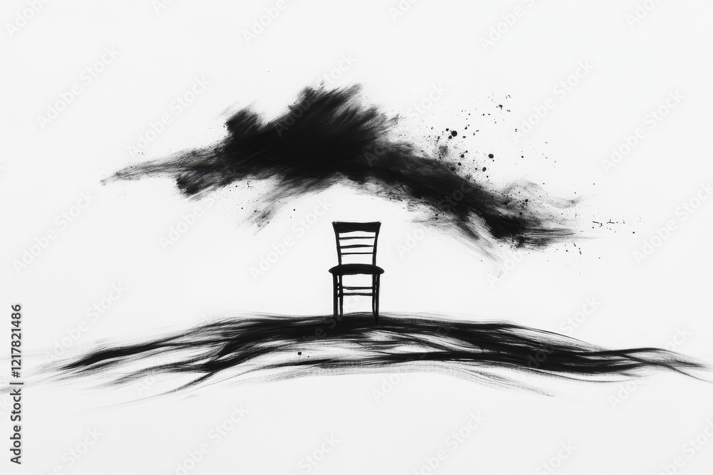 Poster A minimalist depiction of a single chair in the middle of an empty room, drawn with clean lines and muted gray tones to evoke solitude