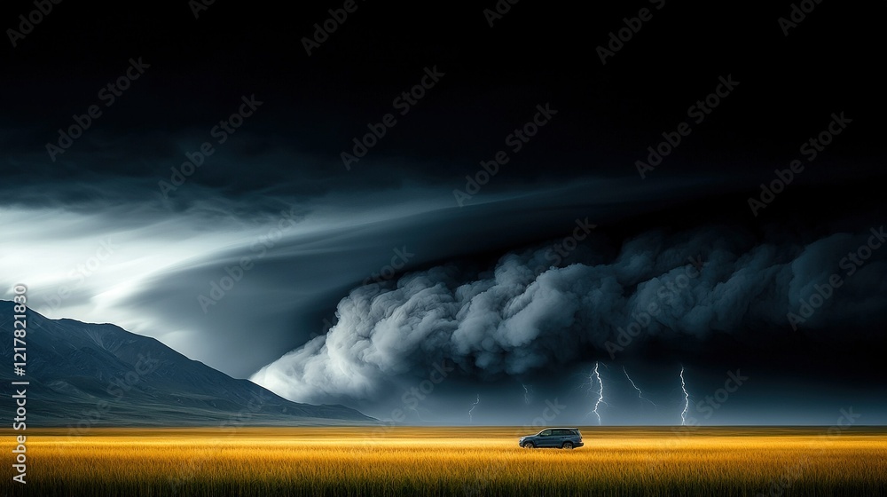 Wall mural a car in a grass field under a cloudy sky with lightning in the background