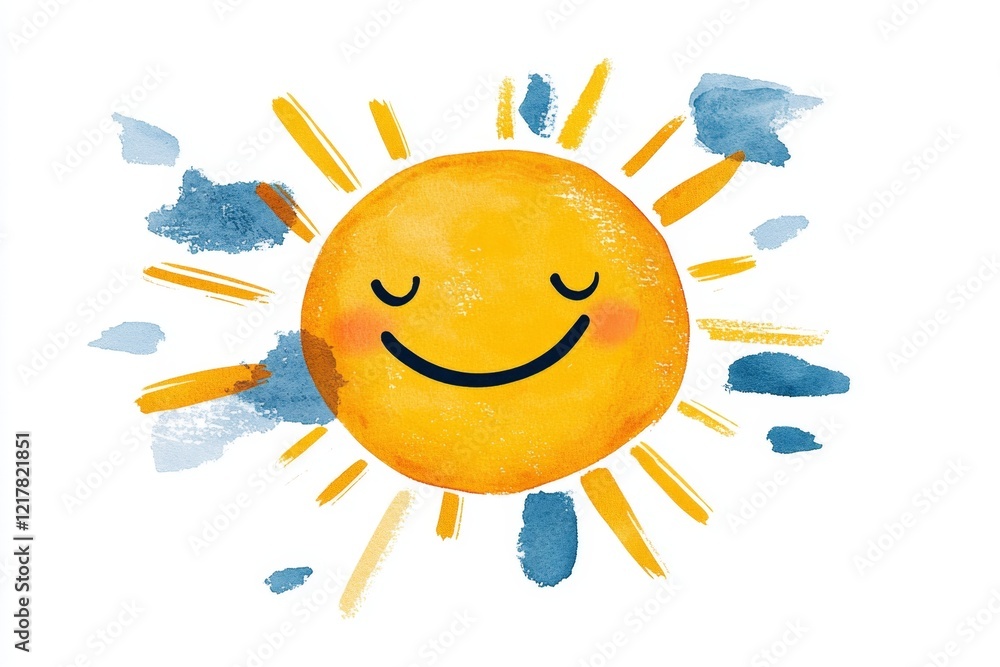 Poster a minimalist illustration of a smiling sun with soft rays extending outward, drawn in bright yellow 