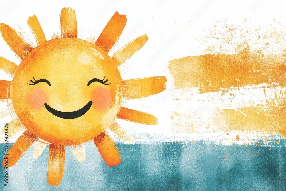 Poster a minimalist illustration of a smiling sun with soft rays extending outward, drawn in bright yellow 