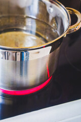 Stainless steel pot filled with water prepared for cooking on an induction stove