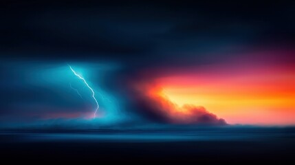 Fototapeta premium Large cloud with a lightning bolt emerging from its center, encircled by dark clouds against a vibrant orange-blue backdrop